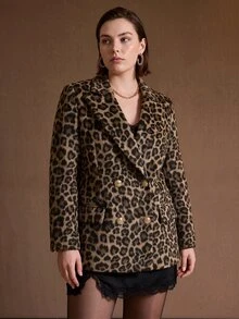 MOTF PREMIUM PLUS SIZE WOMEN'S DOUBLE-BREASTED LEOPARD PRINT BLAZER JACKET, AUTUMN/WINTER - Coffee Brown - View 7