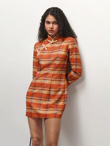 TRNVIE 2026秋季新款女式約會與派對洋裝，現代中式風格橘色格紋旗袍迷你洋裝 - 彩色 - 查看 6