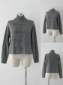 Sunspun Napoleon Style Women Plus Size Casual High Neck Asymmetric Placket Frog Button Long Sleeve Slim Fit Cardigan Sweater Fall - Grey - View 8