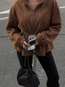 SHEIN SXY Elegant Fitted Long-Sleeved Brown Suede Jacket For Going Out. - Coffee Brown - View 1