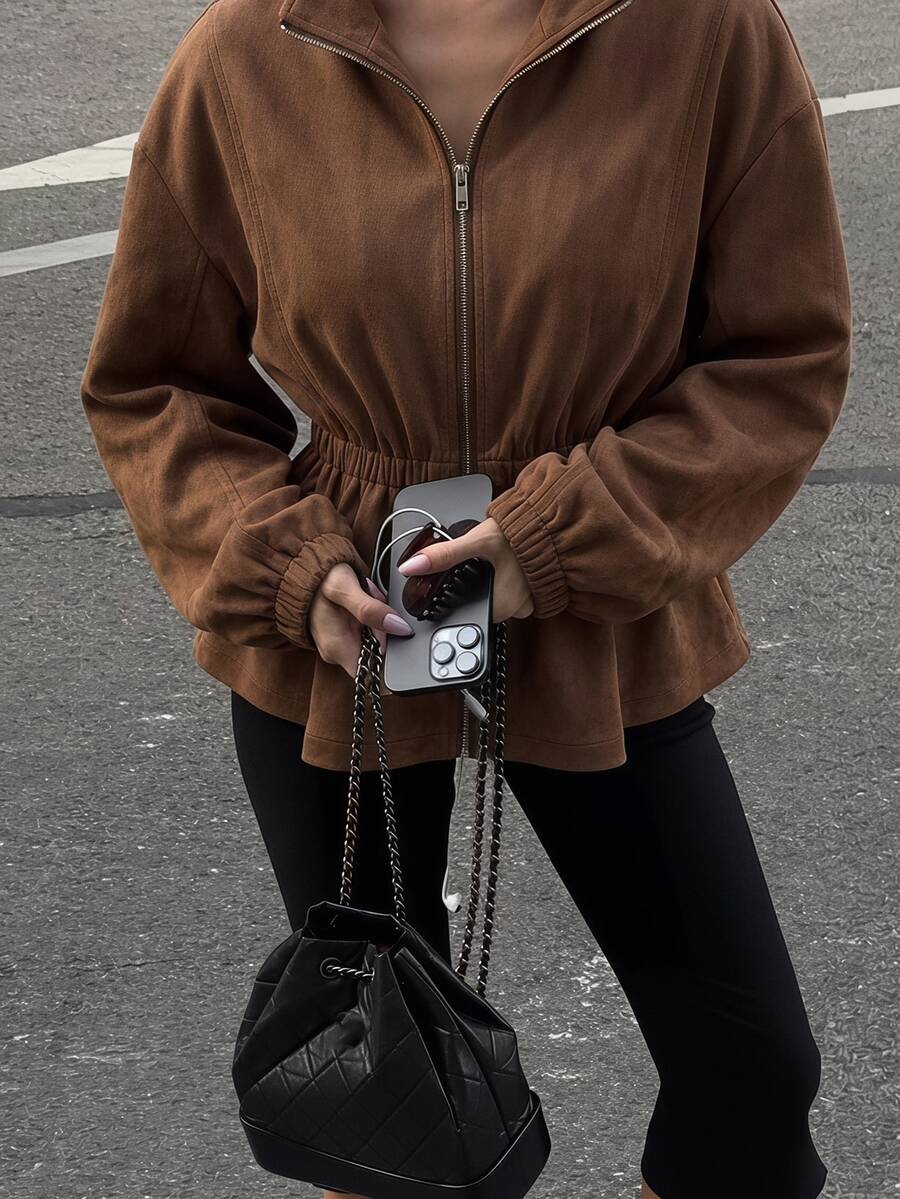SHEIN SXY Elegant Fitted Long-Sleeved Brown Suede Jacket For Going Out. - Coffee Brown - View 1