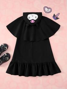 HELLO KITTY AND FRIENDS | SHEIN Tween Girl Letter Print Hooded Cape Dress - Black - View 2