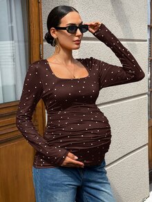 MaterniWear Maternity Polka Dot Print Square Neck Long Sleeve Ruched T-Shirt - Brown - View 7