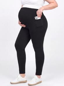 Plussiva Plus Size Maternity Solid Color Casual Everyday Pants With Pockets Fall - Black - View 6