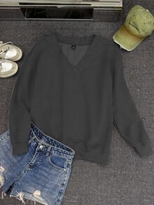 SHEIN EZwear 休閒極簡深灰色女款V領寬鬆大版型運動衫，適合秋冬穿著的秋季運動衫 - 深灰色 - 查看 4