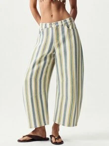 SHEIN MOD Plus Size Street Fashion Button Striped Colorblock Denim Jeans - Multicolor - View 5