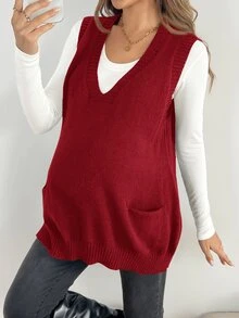 SHEIN Maternity Minimalist Versatile Pocket Knit Vest Cardigan - Red - View 1