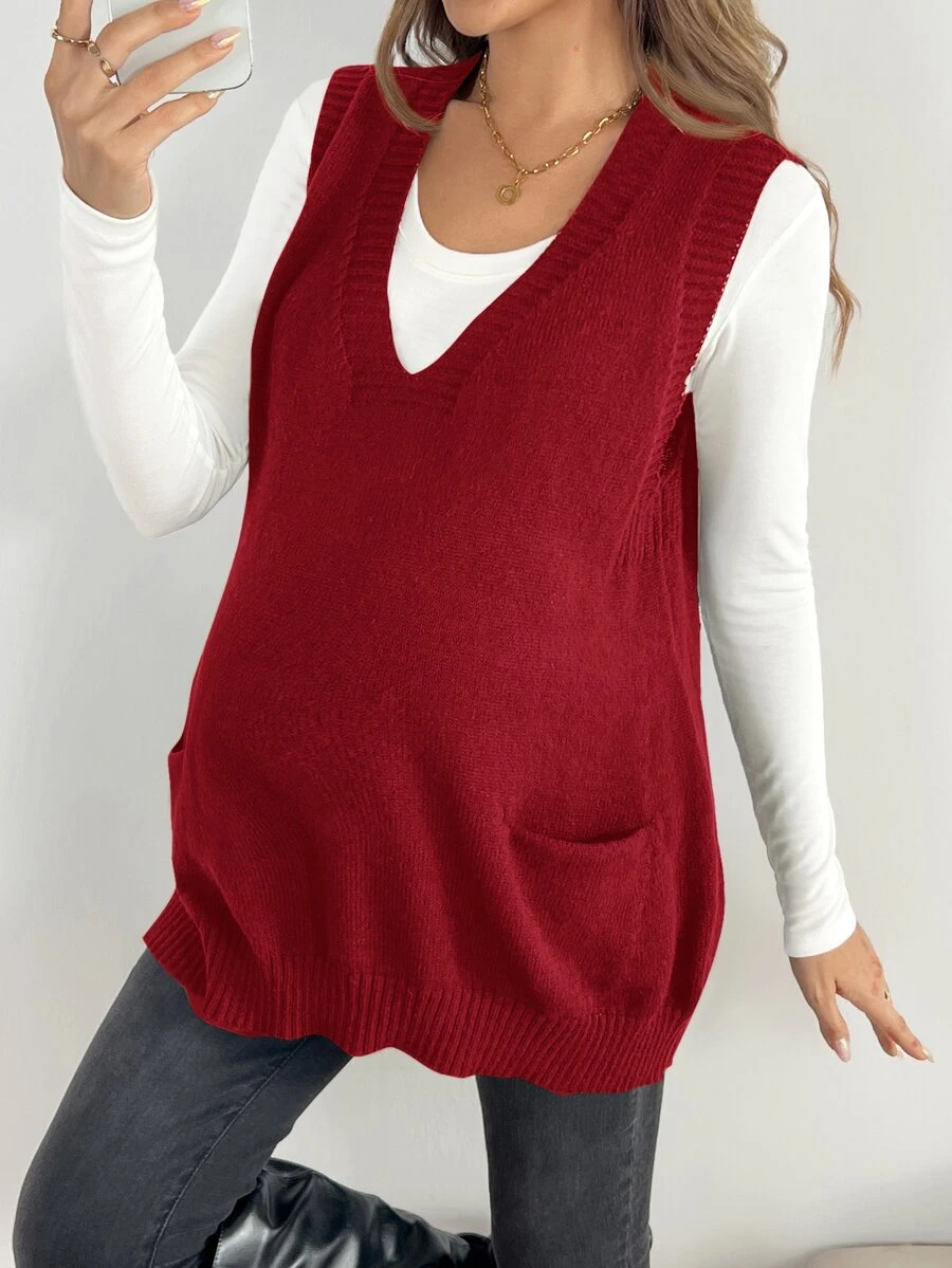 SHEIN Maternity Minimalist Versatile Pocket Knit Vest Cardigan - Red - View 1