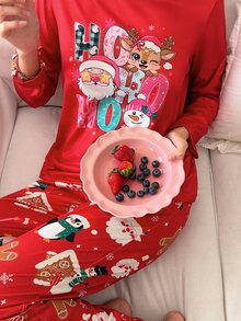 SweetSlumber Set Piyama Atasan Lengan Panjang dan Celana Motif Kartun untuk Wanita - Merah - View 6
