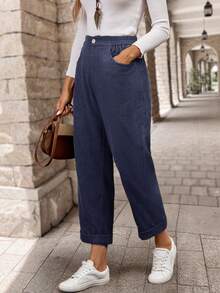 EMERY ROSE Women's Solid Color Pocket Casual Daily Wear Long Pants Everyday Work Navy Blue Autumn - Navy Blue - View 3