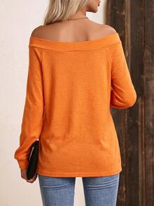 SHEIN LUNE Women's Solid Color Off-Shoulder Long Sleeve Casual T-Shirt - Orange - View 2