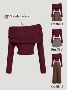 SHEIN MOD 女款純色露肩長袖時尚針織衫 - 酒紅色 - 查看 1