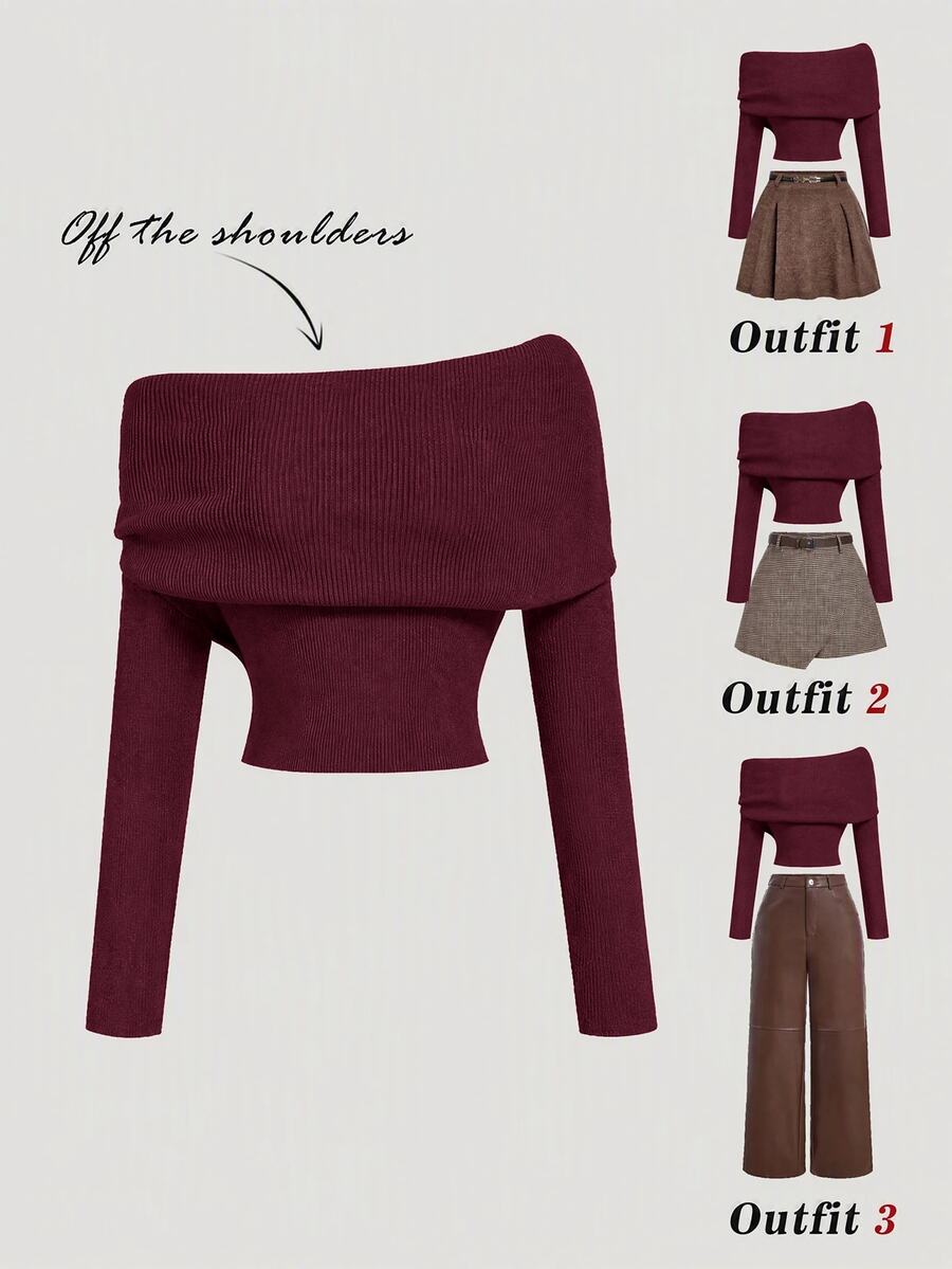 SHEIN MOD 女款純色露肩長袖時尚針織衫 - 酒紅色 - 查看 1
