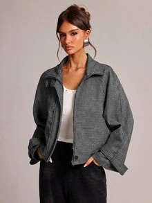 SHEIN BAE 女款全印花立領休閒日常長袖夾克 - 黑色 - 查看 3