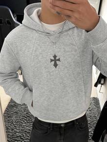 SHEIN 兒童青少年男孩休閒運動風十字圖案柔軟灰色運動衫，Y2K上衣，適合秋季、學校、家庭聚會、度假、派對，秋季穿搭，冬季穿搭 - 灰色 - 查看 2