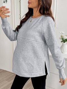 SHEIN Maternity Solid Color Round Neck Raglan Long Sleeve Casual Nursing Sweatshirt Winter - Grey - View 6