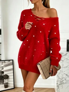 Balvessa Women's Faux Pearl Decor Asymmetrical Shoulder Casual Daily Summer Dress - Red - View 1