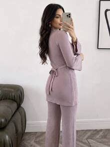 Veilorie Women's Solid Color Stand Collar Bell Sleeve Sweater And Knitted Long Pants Casual 2 Pieces Set - Pink - View 2