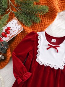 SHEIN Infant Toddler Vintage Velvet Santa Style Dress Baby Holiday Party Outfit Christmas Autumn Winter Dress - Red - View 6