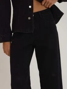 MUSEYN Black Denim Mid Rise Wide Leg Back Buckle Detail Jeans Versatile Everyday Casual Fall - Black - View 5