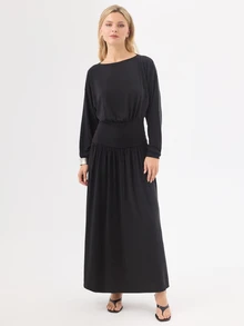 KÆRIA Hus Long Sleeve Blouson Long Dress - Soft Touch Drape Jersey - Black - Drop Waist, Gathered Hem - Black - View 1