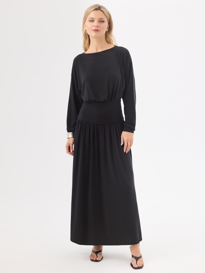 KÆRIA Hus Long Sleeve Blouson Long Dress - Soft Touch Drape Jersey - Black - Drop Waist, Gathered Hem