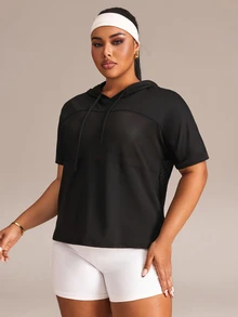 Rhythm Era Women's Plus Size Mesh Minimalist Short Sleeve Hooded Sports T-Shirt - Black - View 5