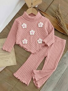 SHEIN Baby Girl Cute Autumn/Winter Versatile Polka Dot Bow Long Sleeve Sweatshirt & Elastic Waist Long Pants Set - Apricot - View 11