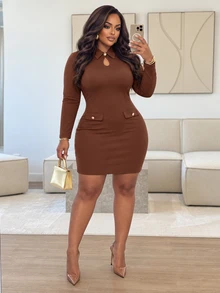 Poshavie Poshavie Plus Size Women's Minimalist Casual Elegant Dress, Comfortable Elastic Fabric Versatile Classic, Suitable For Commute Office Formal Brown Autumn - Brown - View 3