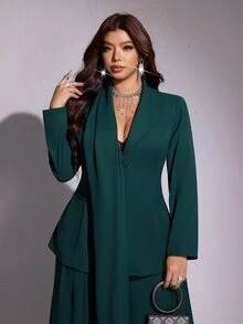 Viva Relle Plus Size French Style Casual Cinched Waist Ribbon Blazer & High Waist Straight Leg Trousers Set - Dark Green - View 3