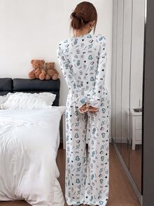 Napfluff Women's Casual Knit Lace Trim Cute Heart Print Loungewear Pajama Set - Multicolor - View 2