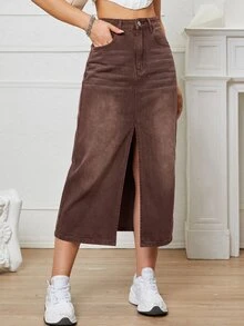 SHEIN EZwear 女款高腰口袋開衩下擺休閒牛仔裙 - 棕色 - 查看 1