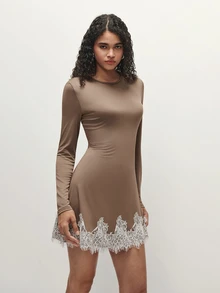 TRNVIE Vestido mini de encaje en contraste - Caqui - Ver 4