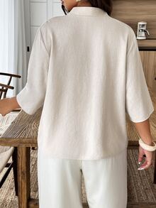 Easura 大尺碼女款春夏小立領亞麻混紡休閒度假通勤襯衫 - 米色 - 查看 2