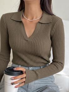DAZY Women's Solid Color Lapel Long Sleeve Business Casual Pullover Sweater - Camel - View 3