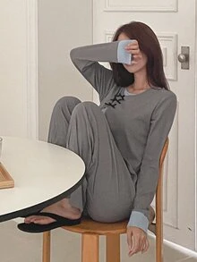 DAZY Women's Bowknot Decor Contrast Color Top And Pants Pajama Set - Grey - View 5