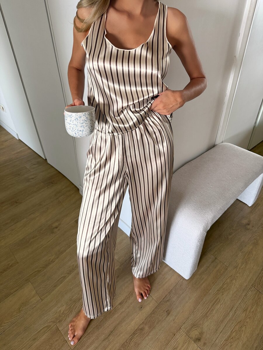 Livesso Women's Striped Top And Long Pants Casual Daily Home Sleepwear Set - Khaki - View 1