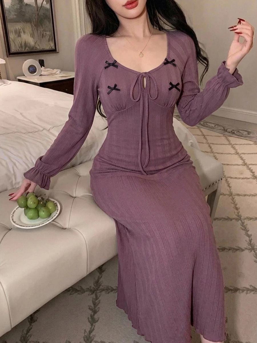 DAZY Women's Bowknot Decor Casual Daily Home Sleep Dress - Purple - View 1