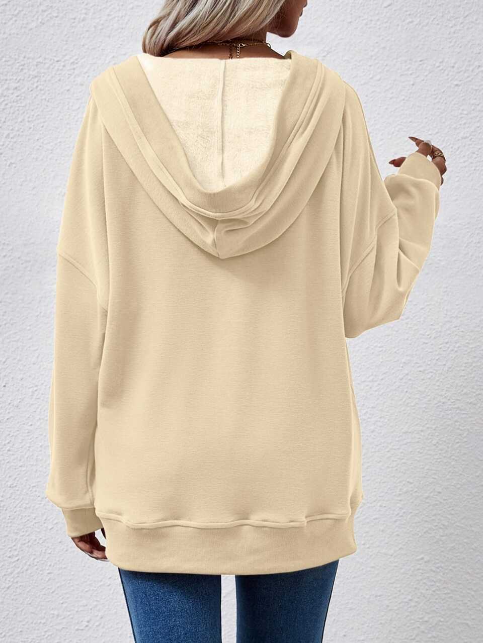 1. American Casual Oversized Deep V Neck Loose Hooded Sweatshirt Drop Shoulder Pocket Slimming Long Sleeve Pullover