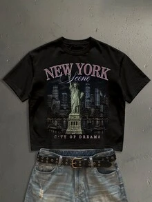 StoneGrade Men Plus Size Building & Letter Graphic Black Tee - Black - View 1
