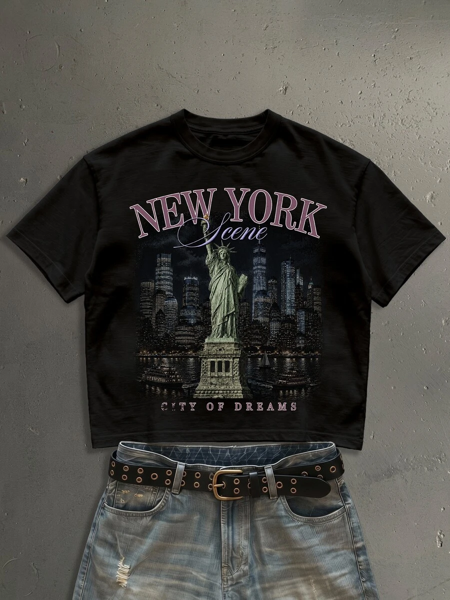 StoneGrade Men Plus Size Building & Letter Graphic Black Tee - Black - View 1