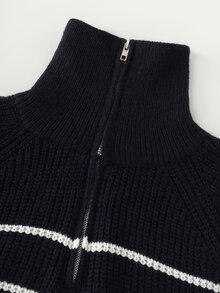 Pariaura Pull à manches raglan avec demi-zip et motif rayé - Bleu marine - Voir 6
