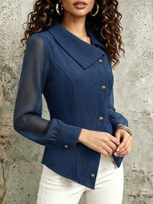LUMIGAL Blus Kasual Wanita dengan Motif Jala dan Patchwork untuk Pemakaian Sehari-hari - Navy Blue - View 5