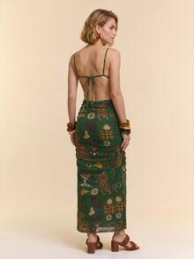 CAJUNI 女款性感街頭風蘑菇與葉子印花細肩帶洋裝 - 墨綠色 - 查看 2