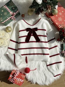 Tween Girl Bow Decor Striped Colorblock Sweater - Multicolor - View 6