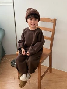 DAZY Infant Boys Round Neck Long Sleeve Solid Color Casual 2pcs Sweatshirt Set - Coffee Brown - View 9