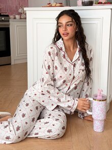 SweetSlumber Women's Christmas Gingerbread Man Bow Collar Long Sleeve Pants Pajama Set - Multicolor - View 6