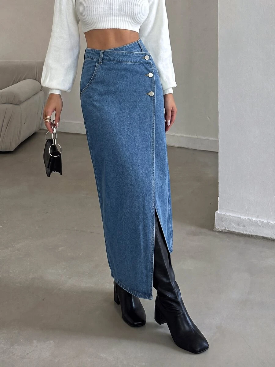 SHEIN MOD Women's Street Style Asymmetrical Waist Button Slit Denim Skirt - Light Wash - View 1
