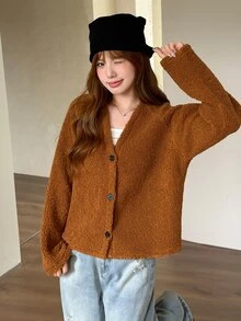 K-Vae 女款秋冬韓式復古棕色寬鬆百搭搖粒絨夾克外套 - 棕色 - 查看 4