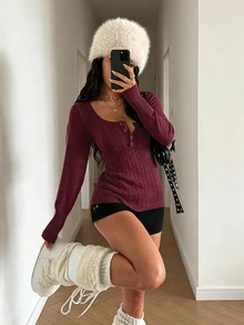 StreetHx Petite 女款素色秋冬U領鈕扣休閒長袖針織上衣 - 紅色 - 查看 4
